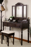 espresso vanity set with tri-fold mirror and stool
white 7-drawer makeup dressing table
vanity table with jewelry hooks
makeup table with stool and drawers
elegant vanity furniture for bedrooms