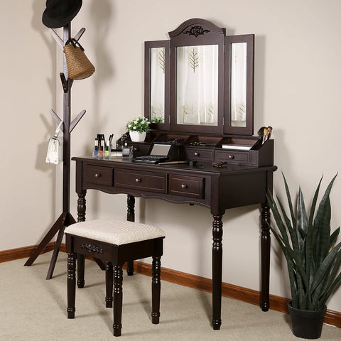 espresso vanity set with tri-fold mirror and stool
white 7-drawer makeup dressing table
vanity table with jewelry hooks
makeup table with stool and drawers
elegant vanity furniture for bedrooms