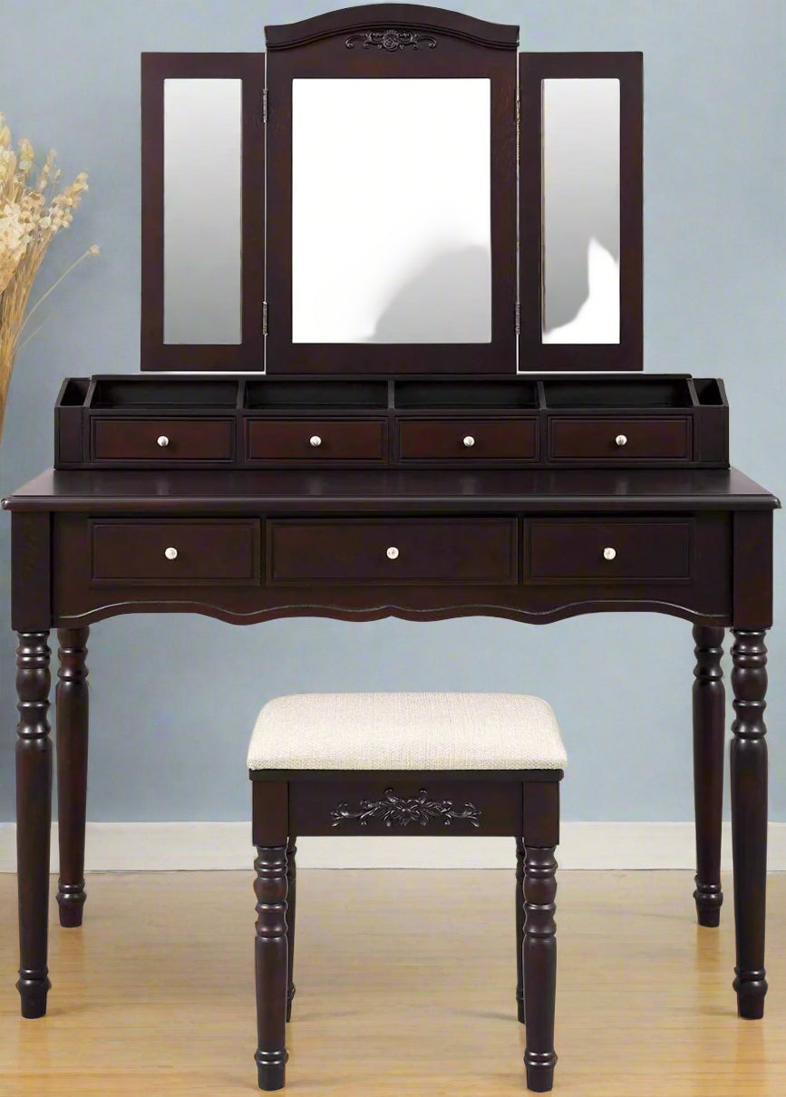 espresso vanity set with tri-fold mirror and stool
white 7-drawer makeup dressing table
vanity table with jewelry hooks
makeup table with stool and drawers
elegant vanity furniture for bedrooms
