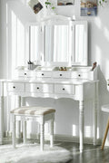 espresso vanity set with tri-fold mirror and stool
white 7-drawer makeup dressing table
vanity table with jewelry hooks
makeup table with stool and drawers
elegant vanity furniture for bedrooms