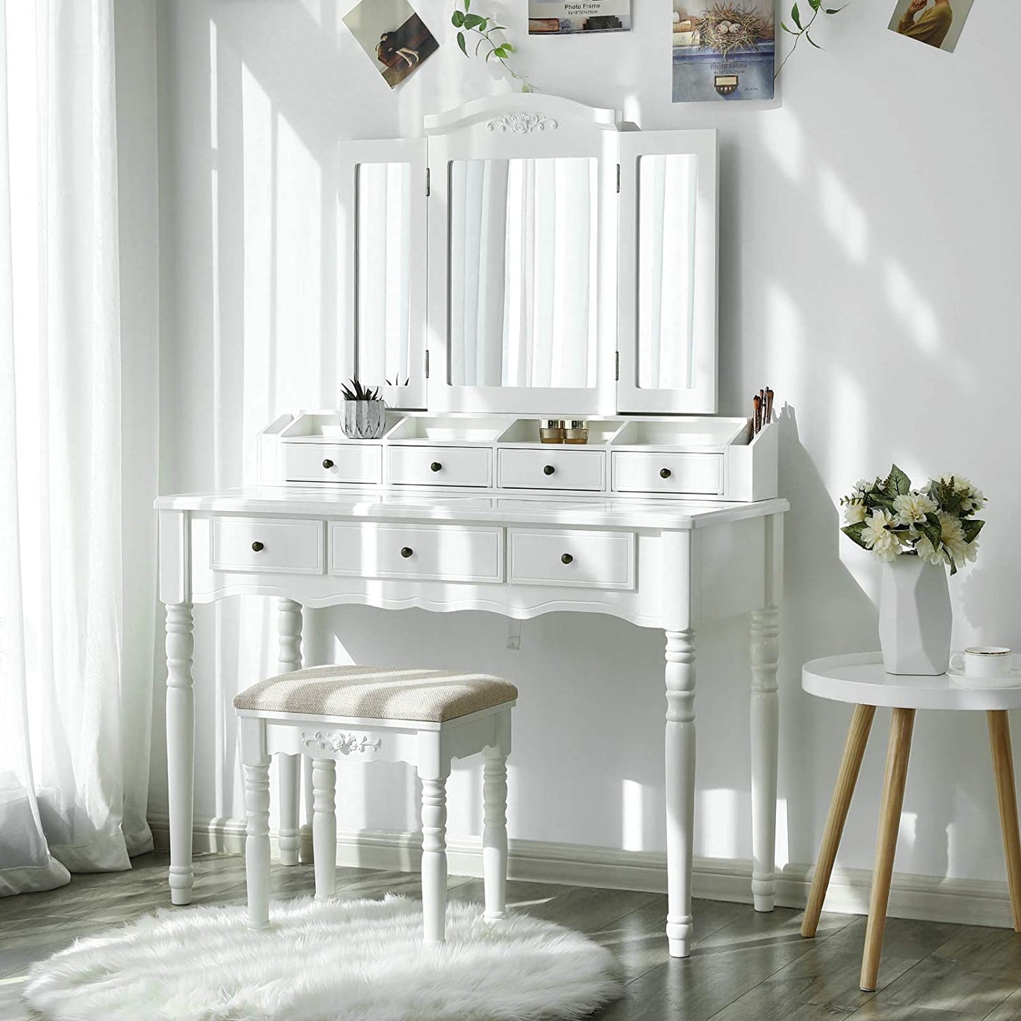 espresso vanity set with tri-fold mirror and stool
white 7-drawer makeup dressing table
vanity table with jewelry hooks
makeup table with stool and drawers
elegant vanity furniture for bedrooms