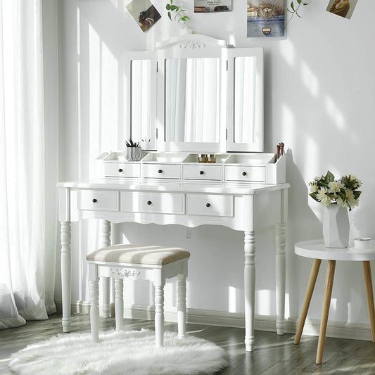 espresso vanity set with tri-fold mirror and stool
white 7-drawer makeup dressing table
vanity table with jewelry hooks
makeup table with stool and drawers
elegant vanity furniture for bedrooms