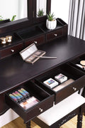 espresso vanity set with tri-fold mirror and stool
white 7-drawer makeup dressing table
vanity table with jewelry hooks
makeup table with stool and drawers
elegant vanity furniture for bedrooms