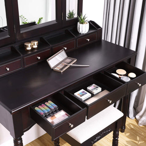 espresso vanity set with tri-fold mirror and stool
white 7-drawer makeup dressing table
vanity table with jewelry hooks
makeup table with stool and drawers
elegant vanity furniture for bedrooms