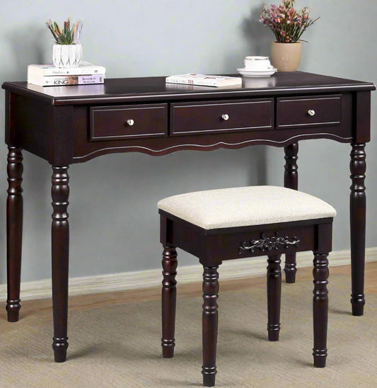 espresso vanity set with tri-fold mirror and stool
white 7-drawer makeup dressing table
vanity table with jewelry hooks
makeup table with stool and drawers
elegant vanity furniture for bedrooms