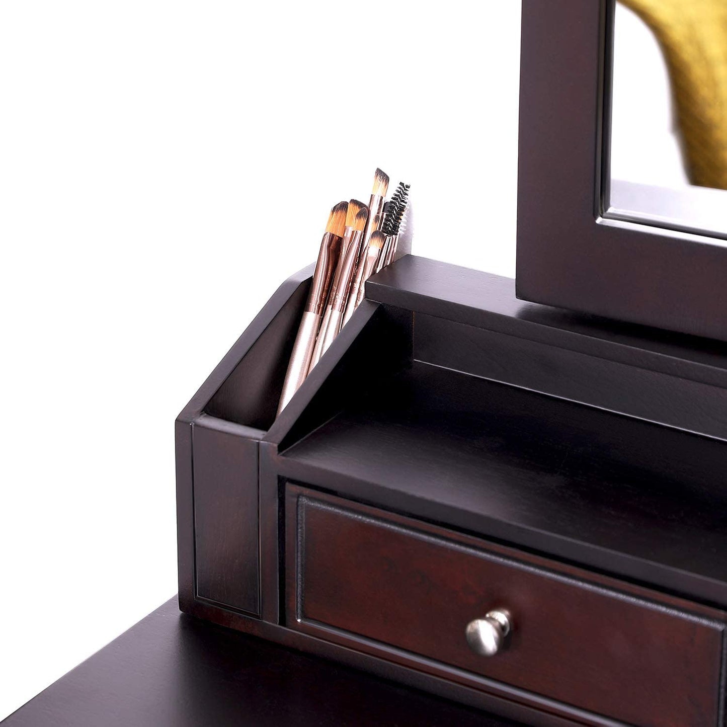 espresso vanity set with tri-fold mirror and stool
white 7-drawer makeup dressing table
vanity table with jewelry hooks
makeup table with stool and drawers
elegant vanity furniture for bedrooms