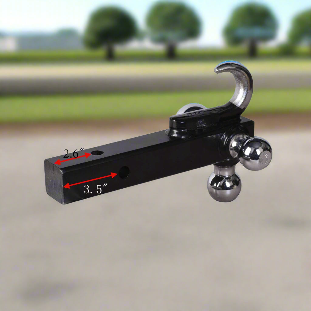 Triple Ball Hitch with Hook – 2” Receiver Mount (HB002)
Trailer Hitch with Chrome Balls and Hook – Side View
Heavy-Duty Hitch Ball Combo with Tow Hook – Rear Angle
3-Way Trailer Ball Mount with Hook – Top View