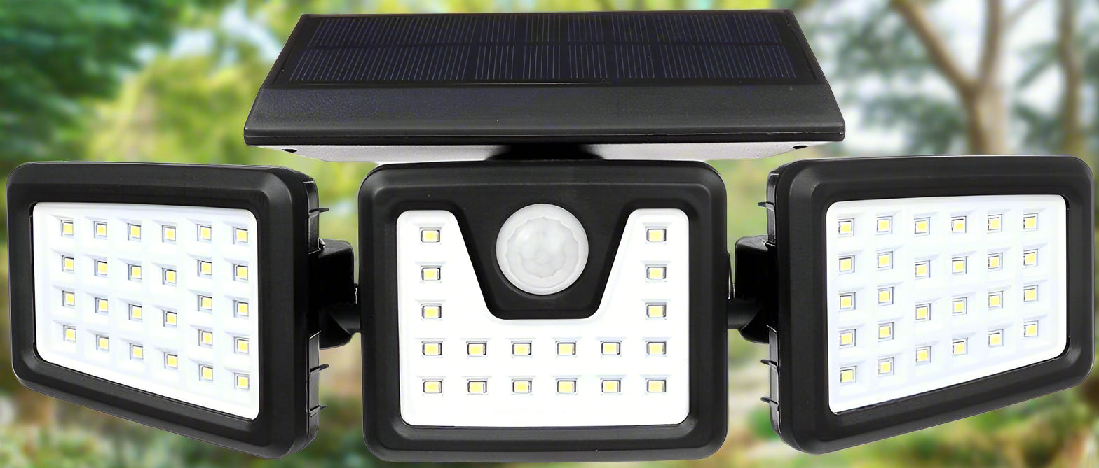 Triple Head LED Solar Motion Sensor Light mounted on exterior wall
Outdoor LED floodlight with adjustable heads and PIR sensor
Weatherproof solar-powered security light for patio and driveway