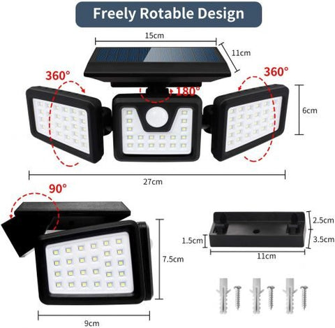 Triple Head LED Solar Motion Sensor Light mounted on exterior wall
Outdoor LED floodlight with adjustable heads and PIR sensor
Weatherproof solar-powered security light for patio and driveway