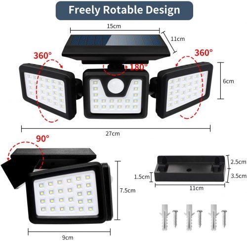 Triple Head LED Solar Motion Sensor Light mounted on exterior wall
Outdoor LED floodlight with adjustable heads and PIR sensor
Weatherproof solar-powered security light for patio and driveway