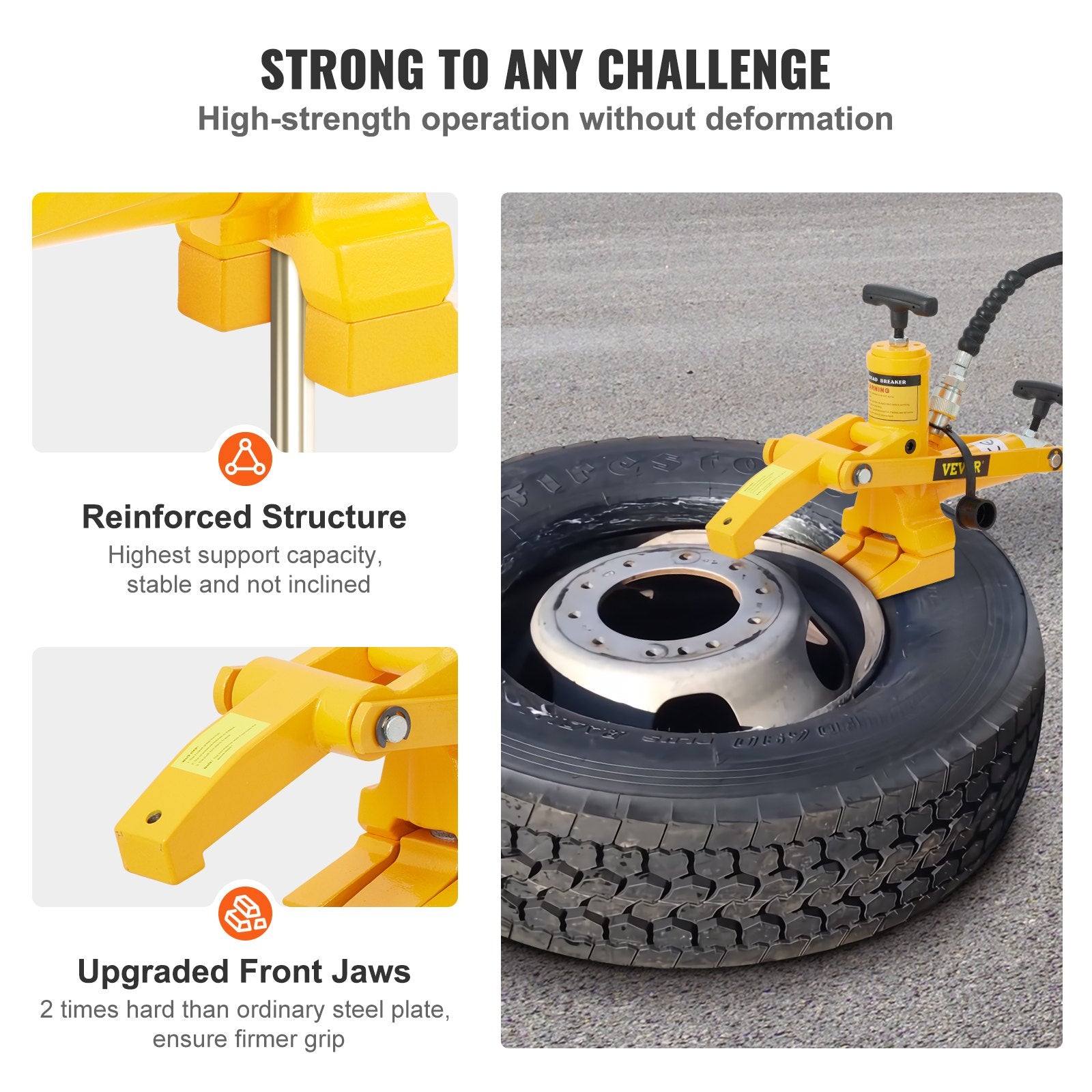 10,000 PSI yellow hydraulic bead breaker kit for truck and ag tires
Foot-operated hydraulic pump with reinforced clamps
Side view of portable tire bead breaker for off-road service
Hydraulic bead breaker claw gripping tire rim
Bead breaker pump and components laid out for heavy-duty use