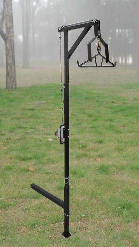 Truck hitch game hoist with gambrel
Heavy-duty 600 lb hoist for field dressing
Adjustable height hunting hoist attached to pickup
Winch hoist rotating 360 degrees with locking pin
Black steel truck hitch hoist for deer and elk