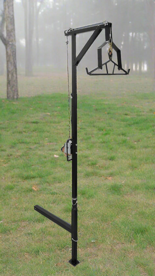Truck hitch game hoist with gambrel
Heavy-duty 600 lb hoist for field dressing
Adjustable height hunting hoist attached to pickup
Winch hoist rotating 360 degrees with locking pin
Black steel truck hitch hoist for deer and elk