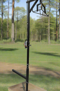 Truck hitch game hoist with gambrel
Heavy-duty 600 lb hoist for field dressing
Adjustable height hunting hoist attached to pickup
Winch hoist rotating 360 degrees with locking pin
Black steel truck hitch hoist for deer and elk