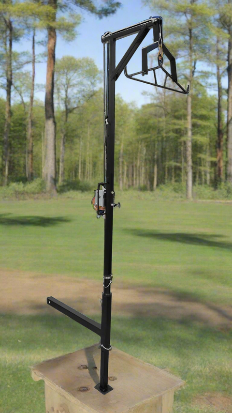 Truck hitch game hoist with gambrel
Heavy-duty 600 lb hoist for field dressing
Adjustable height hunting hoist attached to pickup
Winch hoist rotating 360 degrees with locking pin
Black steel truck hitch hoist for deer and elk