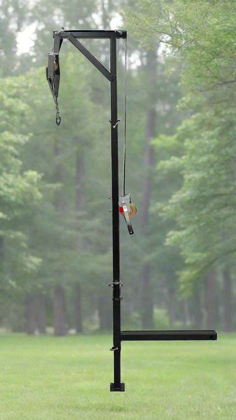 Truck hitch game hoist with gambrel
Heavy-duty 600 lb hoist for field dressing
Adjustable height hunting hoist attached to pickup
Winch hoist rotating 360 degrees with locking pin
Black steel truck hitch hoist for deer and elk