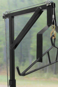 Truck hitch game hoist with gambrel
Heavy-duty 600 lb hoist for field dressing
Adjustable height hunting hoist attached to pickup
Winch hoist rotating 360 degrees with locking pin
Black steel truck hitch hoist for deer and elk