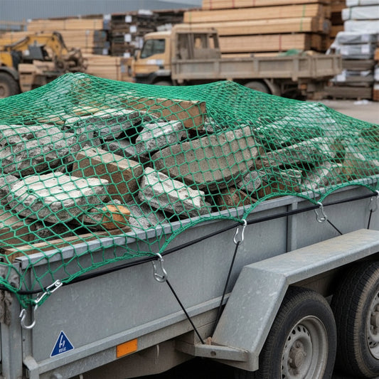 Heavy-Duty Cargo Net Securing Trailer Load – 12x8 ft with Hooks

Green Waste Load Covered by Bungee Truck Net in Trailer

Cargo Net Spread Over Pickup Truck with Reinforced Hooks

Close-Up of Nylon Cargo Net Mesh and Hook Connection

Rolled Heavy-Duty Load Net with Hook Attachments Displayed