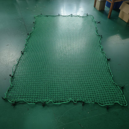 Heavy-Duty Cargo Net Securing Trailer Load – 12x8 ft with Hooks

Green Waste Load Covered by Bungee Truck Net in Trailer

Cargo Net Spread Over Pickup Truck with Reinforced Hooks

Close-Up of Nylon Cargo Net Mesh and Hook Connection

Rolled Heavy-Duty Load Net with Hook Attachments Displayed
