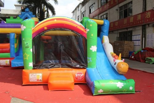 Unicorn inflatable bouncy castle with slide combo for kids
Commercial-grade bounce house with blower and mesh safety walls
Unicorn-themed inflatable play structure with vibrant colors
Side view of vinyl inflatable bouncer and slide unit
Top view of inflatable unicorn castle combo for children’s events