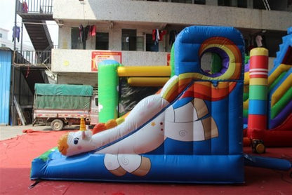 Unicorn inflatable bouncy castle with slide combo for kids
Commercial-grade bounce house with blower and mesh safety walls
Unicorn-themed inflatable play structure with vibrant colors
Side view of vinyl inflatable bouncer and slide unit
Top view of inflatable unicorn castle combo for children’s events