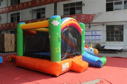 Unicorn inflatable bouncy castle with slide combo for kids
Commercial-grade bounce house with blower and mesh safety walls
Unicorn-themed inflatable play structure with vibrant colors
Side view of vinyl inflatable bouncer and slide unit
Top view of inflatable unicorn castle combo for children’s events