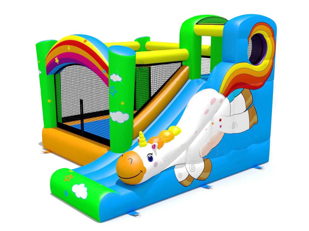 Unicorn inflatable bouncy castle with slide combo for kids
Commercial-grade bounce house with blower and mesh safety walls
Unicorn-themed inflatable play structure with vibrant colors
Side view of vinyl inflatable bouncer and slide unit
Top view of inflatable unicorn castle combo for children’s events