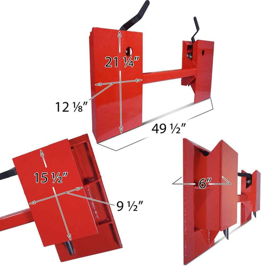 Red tree and fence post puller attachment for skid steer
Side view of HLA95 quick attach post puller
Close-up of welded frame and mounting plate
Top view of post puller showing jaw spacing
Tree and post puller connected to tractor