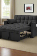 Gray velvet convertible loveseat sofa in living room
Folded-down sleeper position of gray sofa
Black version of the loveseat sofa bed
Close-up of backrest adjustment mechanism
Sofa being transformed from seated to bed mode
Under-seat storage feature view
Both color variants side by side
