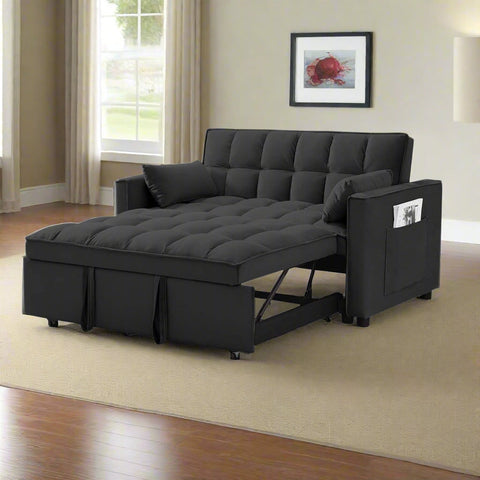 Gray velvet convertible loveseat sofa in living room
Folded-down sleeper position of gray sofa
Black version of the loveseat sofa bed
Close-up of backrest adjustment mechanism
Sofa being transformed from seated to bed mode
Under-seat storage feature view
Both color variants side by side