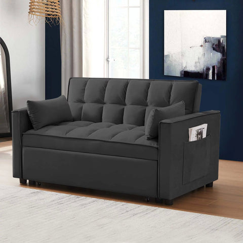 Gray velvet convertible loveseat sofa in living room
Folded-down sleeper position of gray sofa
Black version of the loveseat sofa bed
Close-up of backrest adjustment mechanism
Sofa being transformed from seated to bed mode
Under-seat storage feature view
Both color variants side by side