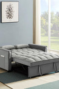 Gray velvet convertible loveseat sofa in living room
Folded-down sleeper position of gray sofa
Black version of the loveseat sofa bed
Close-up of backrest adjustment mechanism
Sofa being transformed from seated to bed mode
Under-seat storage feature view
Both color variants side by side