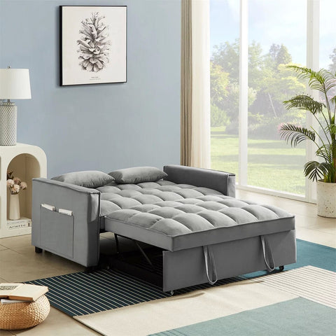 Gray velvet convertible loveseat sofa in living room
Folded-down sleeper position of gray sofa
Black version of the loveseat sofa bed
Close-up of backrest adjustment mechanism
Sofa being transformed from seated to bed mode
Under-seat storage feature view
Both color variants side by side