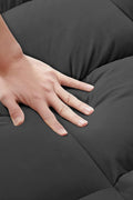 Gray velvet convertible loveseat sofa in living room
Folded-down sleeper position of gray sofa
Black version of the loveseat sofa bed
Close-up of backrest adjustment mechanism
Sofa being transformed from seated to bed mode
Under-seat storage feature view
Both color variants side by side