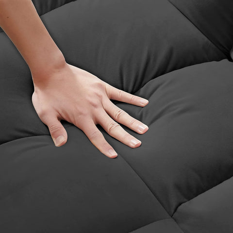 Gray velvet convertible loveseat sofa in living room
Folded-down sleeper position of gray sofa
Black version of the loveseat sofa bed
Close-up of backrest adjustment mechanism
Sofa being transformed from seated to bed mode
Under-seat storage feature view
Both color variants side by side