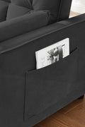 Gray velvet convertible loveseat sofa in living room
Folded-down sleeper position of gray sofa
Black version of the loveseat sofa bed
Close-up of backrest adjustment mechanism
Sofa being transformed from seated to bed mode
Under-seat storage feature view
Both color variants side by side