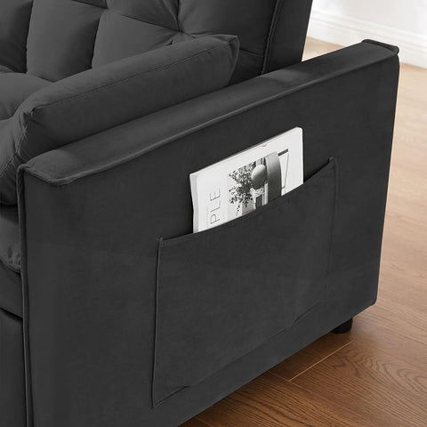 Gray velvet convertible loveseat sofa in living room
Folded-down sleeper position of gray sofa
Black version of the loveseat sofa bed
Close-up of backrest adjustment mechanism
Sofa being transformed from seated to bed mode
Under-seat storage feature view
Both color variants side by side