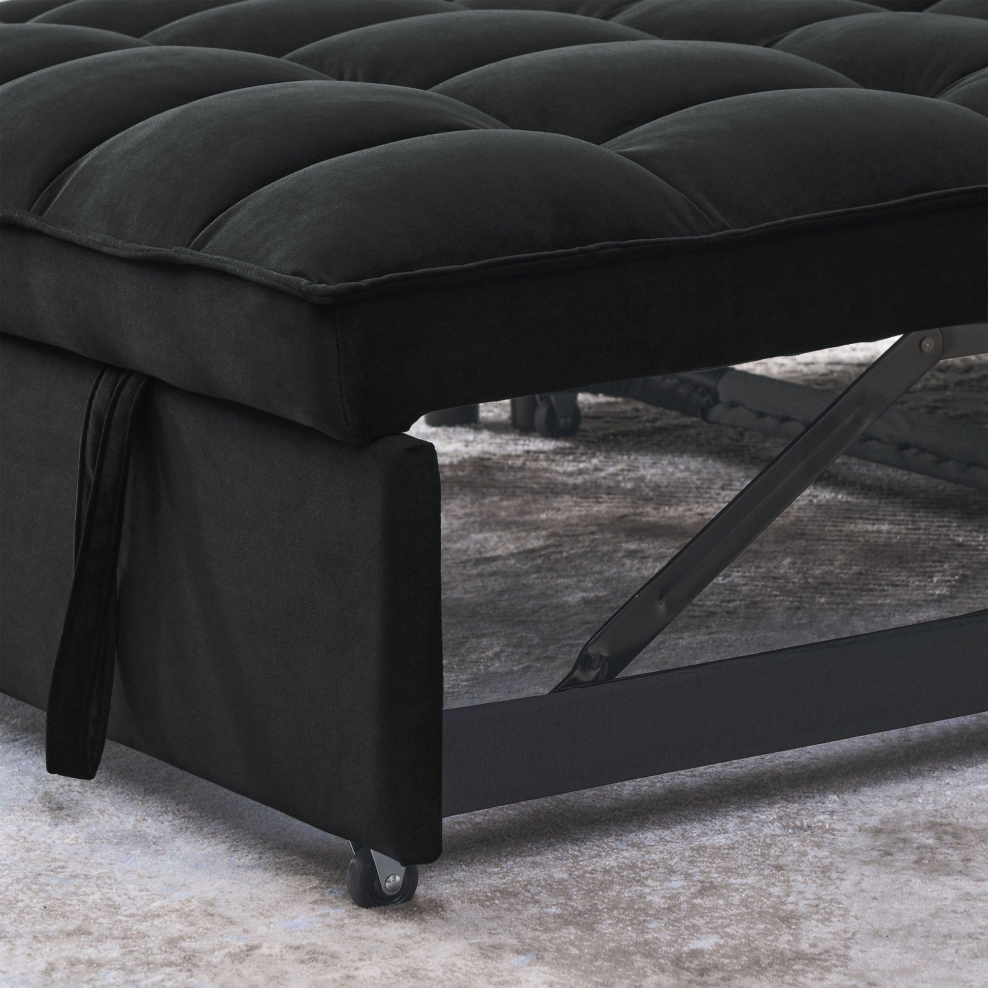 Gray velvet convertible loveseat sofa in living room
Folded-down sleeper position of gray sofa
Black version of the loveseat sofa bed
Close-up of backrest adjustment mechanism
Sofa being transformed from seated to bed mode
Under-seat storage feature view
Both color variants side by side