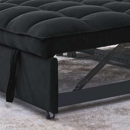 Gray velvet convertible loveseat sofa in living room
Folded-down sleeper position of gray sofa
Black version of the loveseat sofa bed
Close-up of backrest adjustment mechanism
Sofa being transformed from seated to bed mode
Under-seat storage feature view
Both color variants side by side