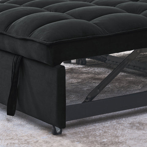 Gray velvet convertible loveseat sofa in living room
Folded-down sleeper position of gray sofa
Black version of the loveseat sofa bed
Close-up of backrest adjustment mechanism
Sofa being transformed from seated to bed mode
Under-seat storage feature view
Both color variants side by side