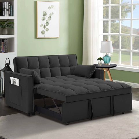 Gray velvet convertible loveseat sofa in living room
Folded-down sleeper position of gray sofa
Black version of the loveseat sofa bed
Close-up of backrest adjustment mechanism
Sofa being transformed from seated to bed mode
Under-seat storage feature view
Both color variants side by side