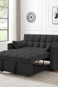 Gray velvet convertible loveseat sofa in living room
Folded-down sleeper position of gray sofa
Black version of the loveseat sofa bed
Close-up of backrest adjustment mechanism
Sofa being transformed from seated to bed mode
Under-seat storage feature view
Both color variants side by side