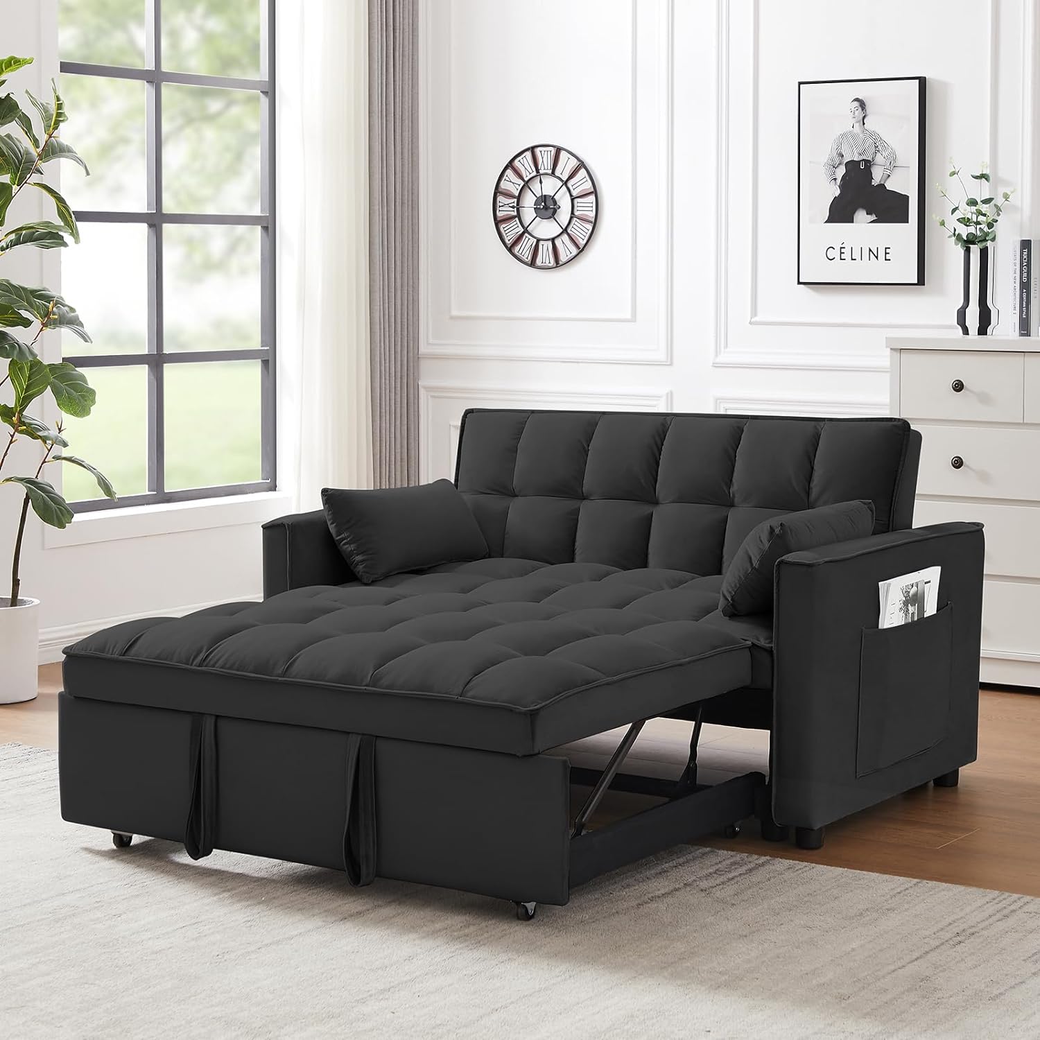 Gray velvet convertible loveseat sofa in living room
Folded-down sleeper position of gray sofa
Black version of the loveseat sofa bed
Close-up of backrest adjustment mechanism
Sofa being transformed from seated to bed mode
Under-seat storage feature view
Both color variants side by side
