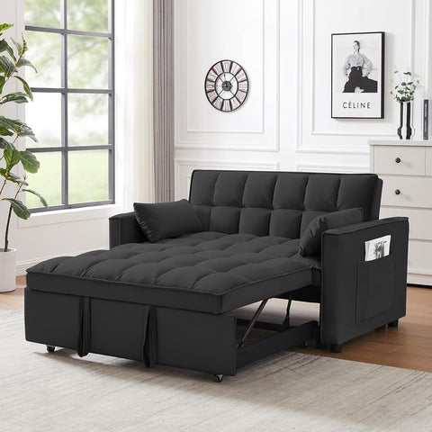 Gray velvet convertible loveseat sofa in living room
Folded-down sleeper position of gray sofa
Black version of the loveseat sofa bed
Close-up of backrest adjustment mechanism
Sofa being transformed from seated to bed mode
Under-seat storage feature view
Both color variants side by side