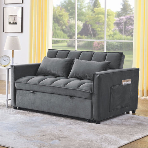 Gray velvet convertible loveseat sofa in living room
Folded-down sleeper position of gray sofa
Black version of the loveseat sofa bed
Close-up of backrest adjustment mechanism
Sofa being transformed from seated to bed mode
Under-seat storage feature view
Both color variants side by side