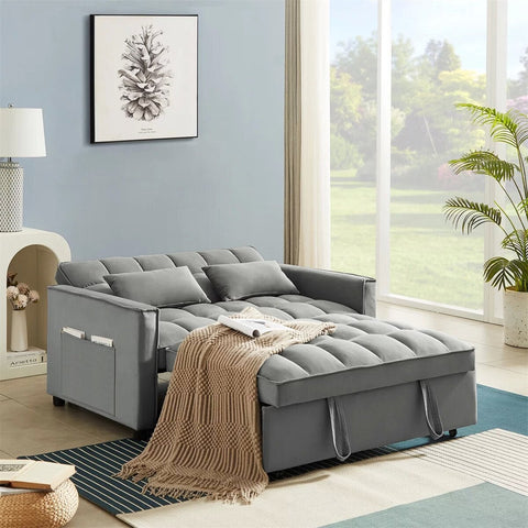 Gray velvet convertible loveseat sofa in living room
Folded-down sleeper position of gray sofa
Black version of the loveseat sofa bed
Close-up of backrest adjustment mechanism
Sofa being transformed from seated to bed mode
Under-seat storage feature view
Both color variants side by side