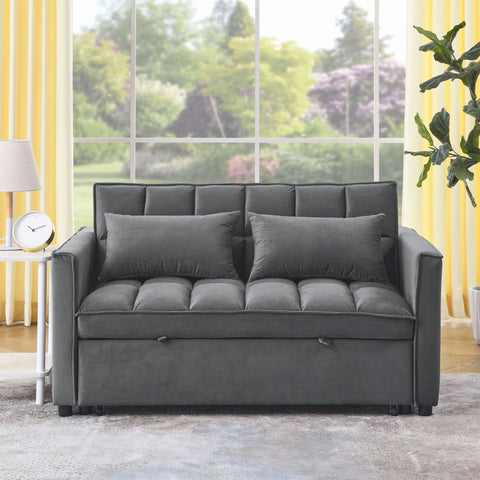 Gray velvet convertible loveseat sofa in living room
Folded-down sleeper position of gray sofa
Black version of the loveseat sofa bed
Close-up of backrest adjustment mechanism
Sofa being transformed from seated to bed mode
Under-seat storage feature view
Both color variants side by side