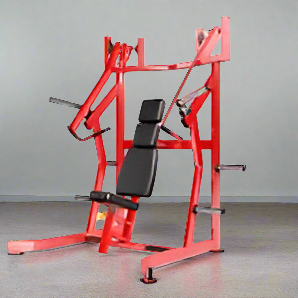 Vertical Chest Press Fitness Machine – Front View – Model LBP1401
LBP1401 Chest Press with Adjustable Seat Height and Red Steel Frame
Close-up of Olympic Plate Holder on Chest Press Machine