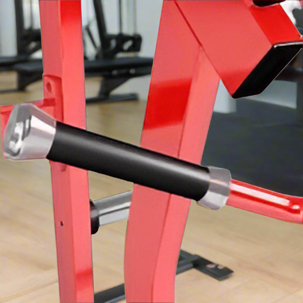 Vertical Chest Press Fitness Machine – Front View – Model LBP1401
LBP1401 Chest Press with Adjustable Seat Height and Red Steel Frame
Close-up of Olympic Plate Holder on Chest Press Machine