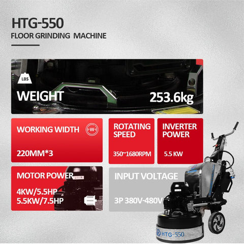 HTG-550 floor grinder front angle

Planetary concrete grinder industrial use

HTG grinder with dust shroud and handles

Concrete floor polishing machine

Three-head floor surface grinder HTG-550